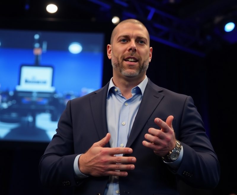 Preston Rideout presenting to an audience